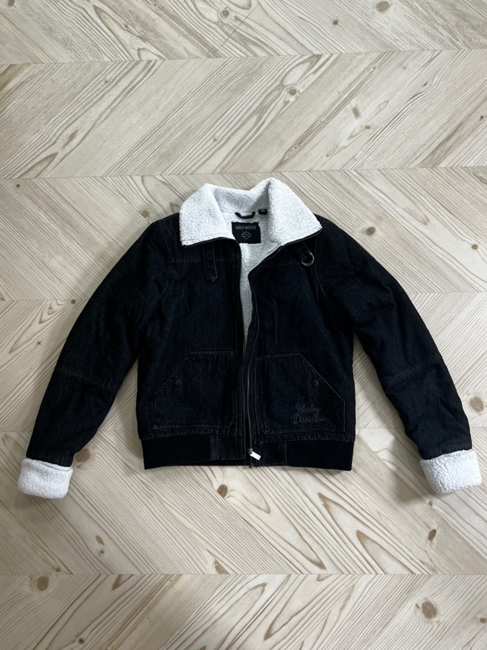 Harley Davidson Sherpa-Lined Denim Jacket with White Fleece Collar